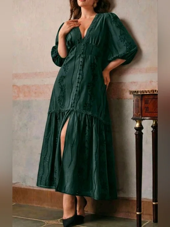 New Cottage Embroidered Eyelet Lace Button Trim Long Dress PLUS Dark Green - Picture 5 of 9